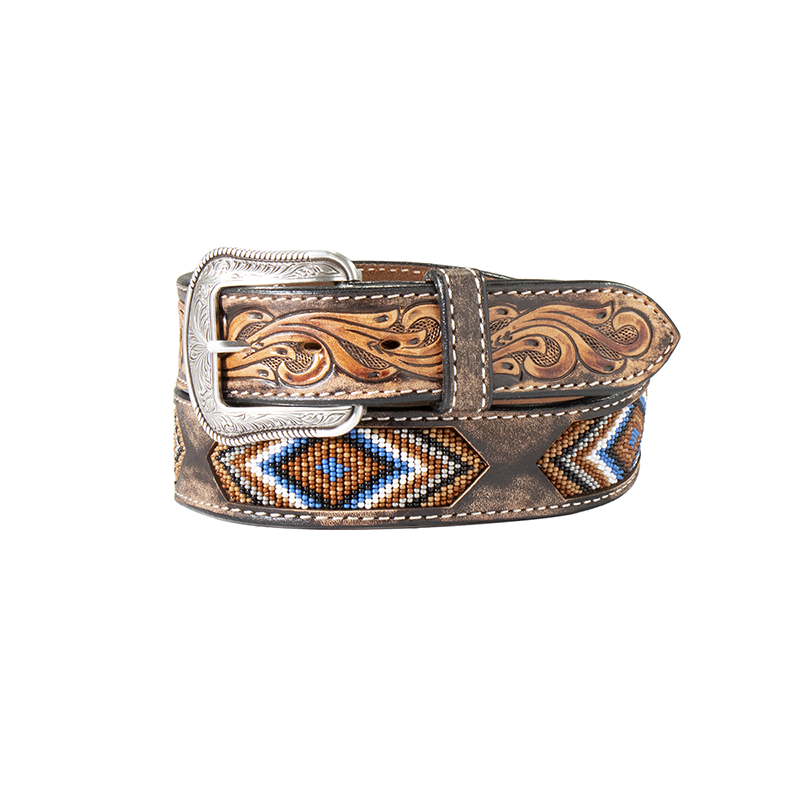 3D 1-1/2in Floral Tooled Tri Bead Mens Belt