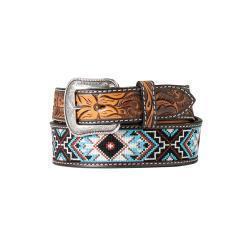 3D Mens Hand Tooled Tabs Floral Embroidered Inlay Belt
