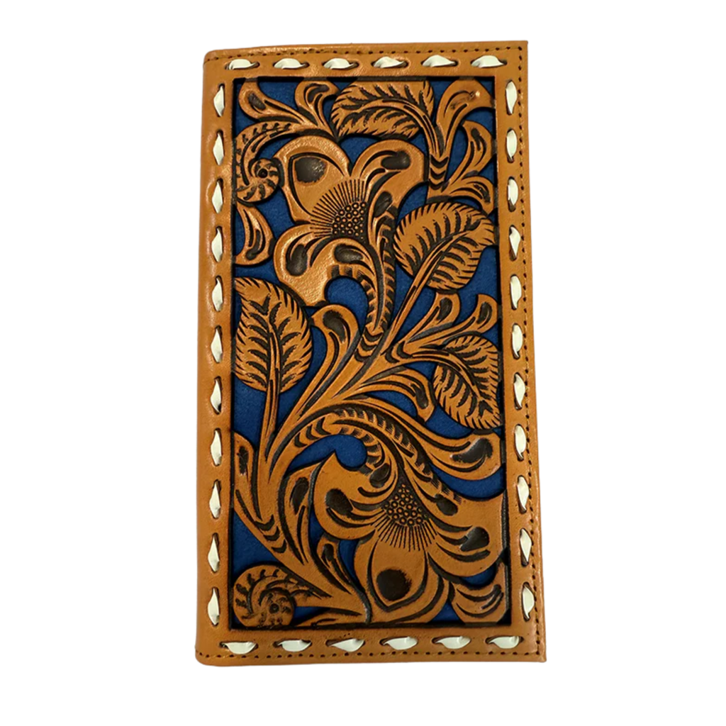 Nocona Leather Floral Tooled Blue Underlay Wallet