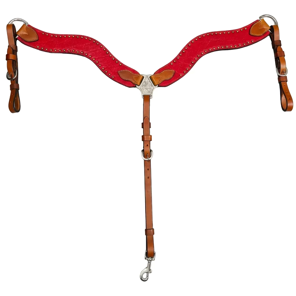 3017ER Western NewWave Shape Breastplate w Red Elephant Overlay Pewter Spots