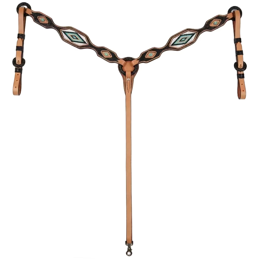 3185Y Western Breastplate w Inlaid Diamond Black Turquoise Beaded Design and Turquoise Spots