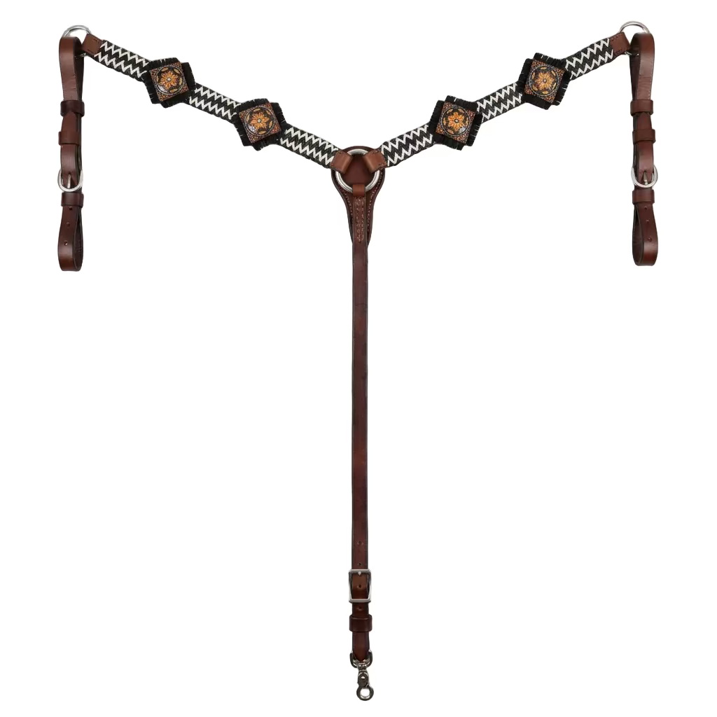 Breastcollar w Black White Chevron Lacing Concho Fringe