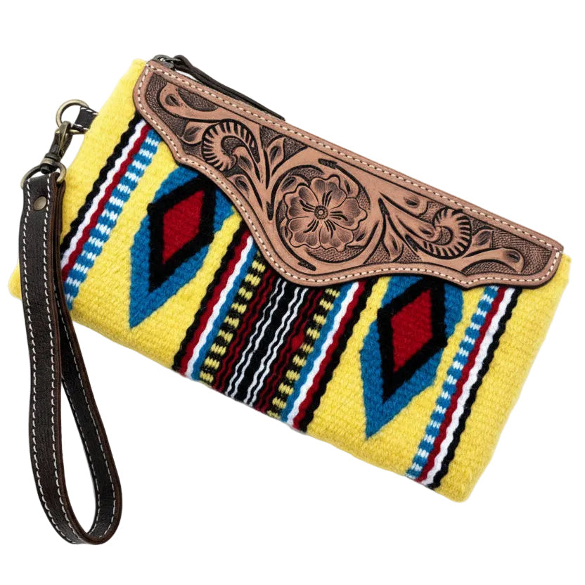 Yellow Saddle Blanket Clutch w Tooled Leather