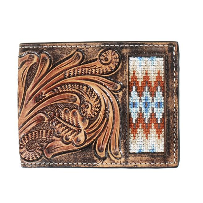 Hand Tooled Scroll Embroidered Inlay Bifold Wallet