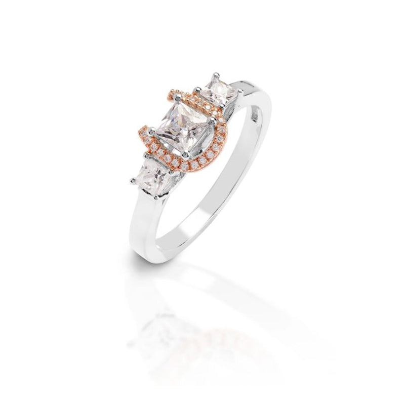 Kelly Herd Ring Small Princess Cut Three Stone Rose Gold Horseshoe